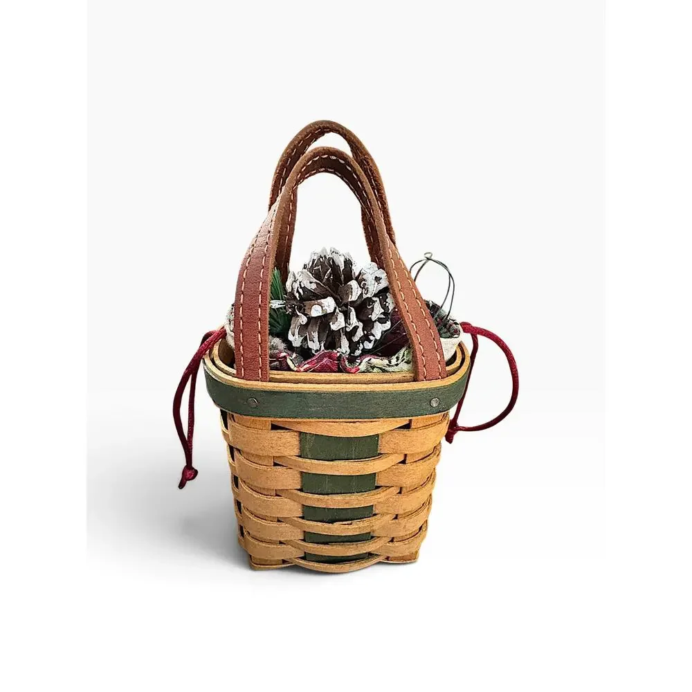 Longaberger Mini Christmas Basket Green Leather Handles Holiday Pinecone Decor